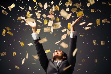 Happy businesswoman with hands up in air and falling dollar banknotes