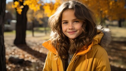 Portrait of a beautiful young girl in a yellow jacket in the autumn park