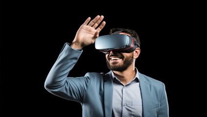 smiling businessman in vr headset touching virtual screen isolated on black