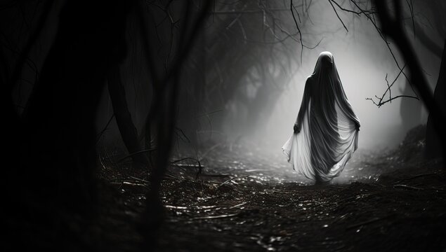 Scary ghost in the dark forest. Halloween concept.