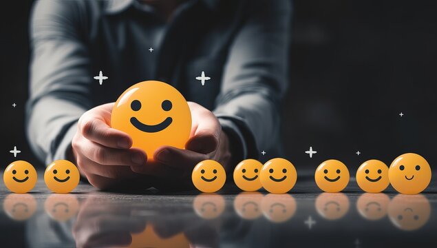 Businessman holding yellow smiley face emoticon. Positive feedback and customer satisfaction concept.