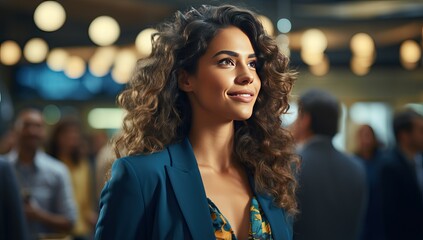 Fototapeta premium Portrait of a beautiful young woman with curly hair in a business suit.