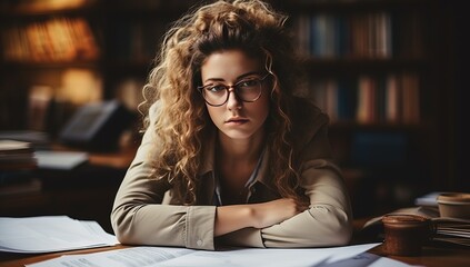 tired Beautiful young woman in glasses sitting at the table and working in the library