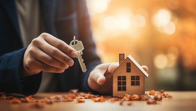 Real estate agent holding house model and keys in hand. Real estate concept.