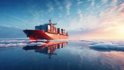 A large cargo ship in the sea at sunset.