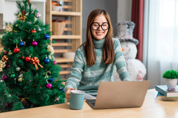 Fototapeta premium Woman working with modern laptop computer on desktop screen, online marketing, shopping, technology, advertising, search information, blog, learning, webinar, social media, study, watching on table