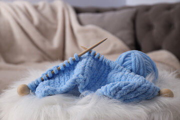 Concept of hobby, cozy winter and autumn hobby - knitting
