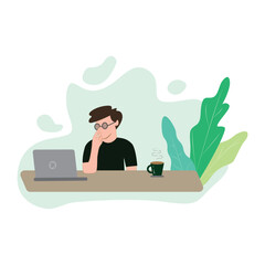 Flat illustration of business man who is thinking about a work solution in front of a laptop at coworking space, while drinking a cup of coffee. Modern cartoon vector illustration.