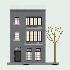 Flat illustration of modern residential and office building design in a big city with gray color. House front cartoon vector illustrations.