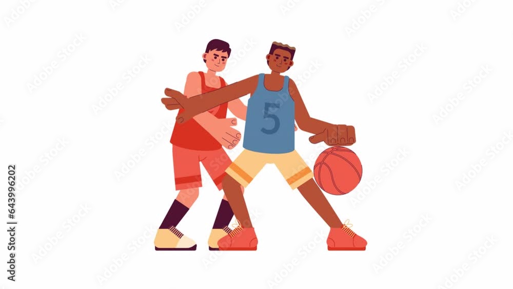 Poster basketball player dribbling cartoon animation. ball interception in game 4k video motion graphic. de