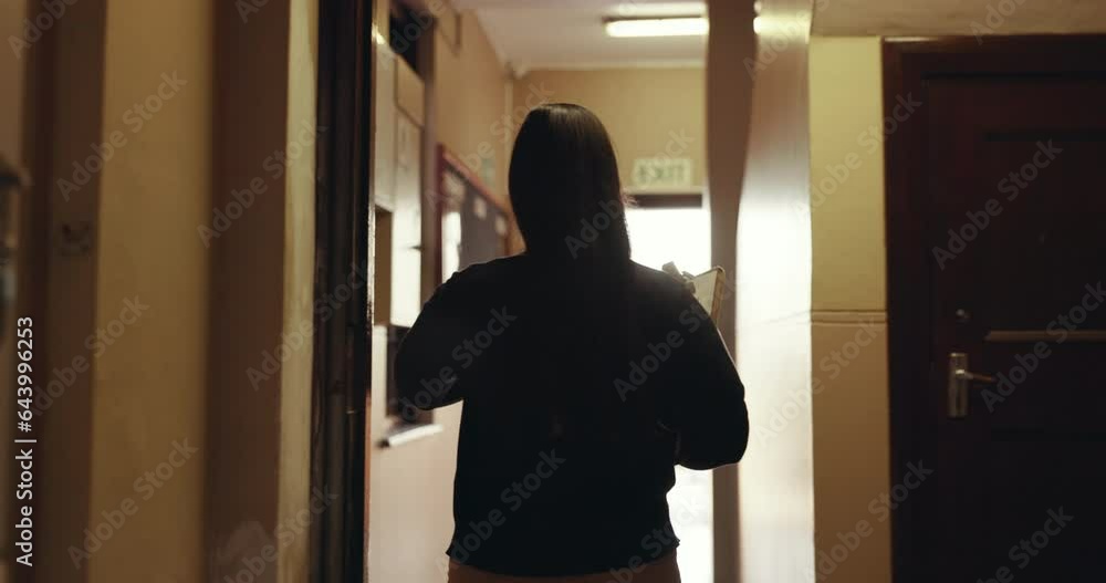Poster back, silhouette and a person at a school for education, learning or walking to a class. dark, worki