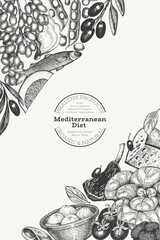 Mediterranean Cuisine Design Template. Vector Hand Drawn Healthy Food Banner. Vintage Style Menu Illustration.