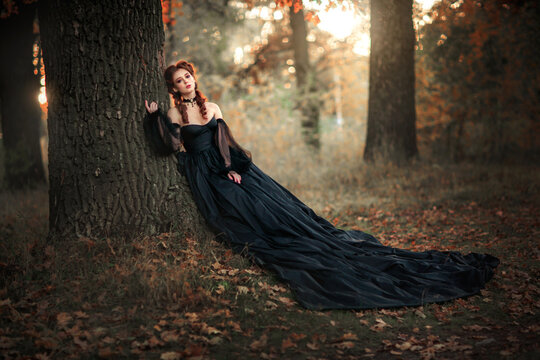 Portrait of magnificent Fashion gothic girl  .Fantasy art work.Amazing red haired model in black dress looking at camera and posing.Fairytale about young princess 