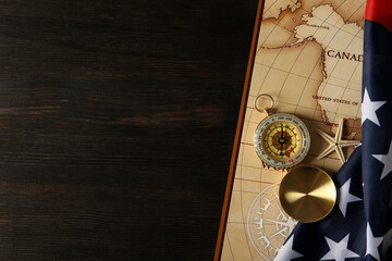 Columbus Day. Vintage compass with map and flag of America