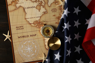 Columbus Day. Vintage compass with map and flag of America