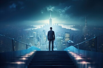 Ambitious businessman climbing the stairs to success. concept of career path success, future planning and business competitions. - obrazy, fototapety, plakaty