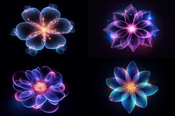 Crystal flower , Floral background in pink and blue light, neon flowers