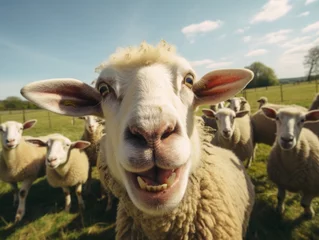 Poster a group of sheep take a selfie in the farm © jaafar