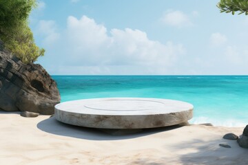 Fototapeta na wymiar stone podium on stone platform against blurred tropical beach background.