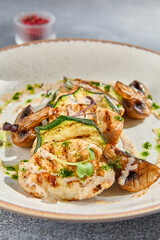 Macro side view of grilled turkey fillet steak, zucchini, and mushrooms, elegantly plated on white ceramic. A grey concrete background adds a minimalist, gourmet touch perfect for a fitness menu