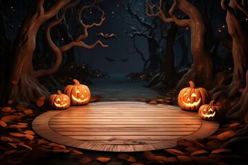 Wooden podium with halloween decorations theme for product presentation, wooden round cylinder product stage podium