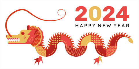 Happy New 2024 Year celebration card, graphic postcard with colorful flat dragon, numbers and text. Vector illustration, greeting, invitation, web banner.