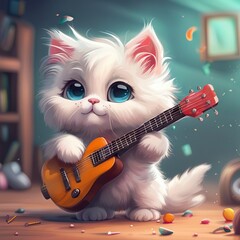 Cute cat playing guitar.