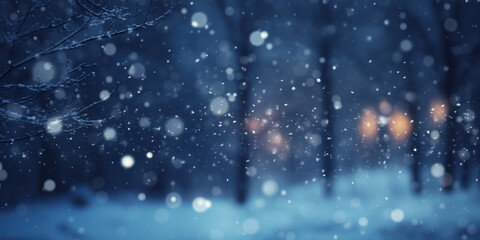 Winter background with snow, bokeh and falling snowflakes