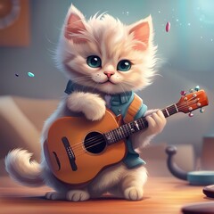 fluffy fat cat plays the electric guitar and sings.