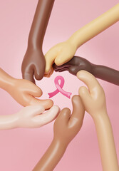 Group of diverse hands holding pink ribbon together representing breast cancer awareness and support. 3D render illustration.