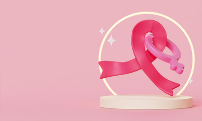 Pink ribbon and female symbol on podium on pink background, breast cancer awareness, 3d render illustration.