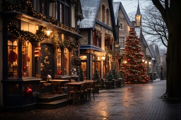 Fototapeta premium Christmas Tree In A Quaint Village Square, Generative AI