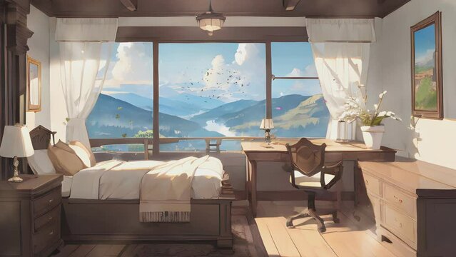Vintage bedroom with bed and chair with nice view in the window. Cartoon or anime illustration style. seamless looping 4K time-lapse virtual video animation background.