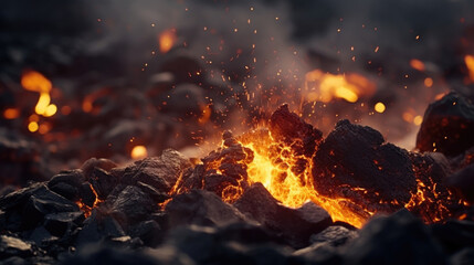 Glowing hot rocks amid a sea of ash and smoke from an angry volcano.