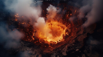 A deep crater filled with boiling magma and steaming fumes. - obrazy, fototapety, plakaty