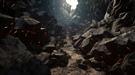 A closeup of jagged rocks, jutting from an ominous fissure in the ground.