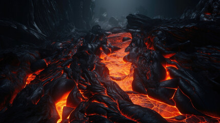 Fototapeta premium Sharp cliffs and ridges carved out of black volcanic rock illuminated by the brilliant orange and red of a closeby magma flow.