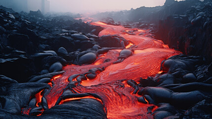 Closeup of a steaming redhot river of lava ting its way through an otherwise silent landscape.