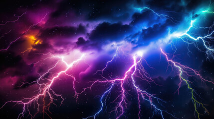 A of multicolored lightning bolts snaking through the inky black night sky.