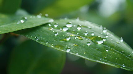 A closeup of glistening rain beads on the tips of a leaf