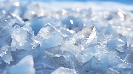 Frosted chunks of ice glimmering in the sunlight during a blizzard.