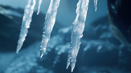 A pair of icicles with jagged edges, shimmering in a closeup view. - obrazy, fototapety, plakaty
