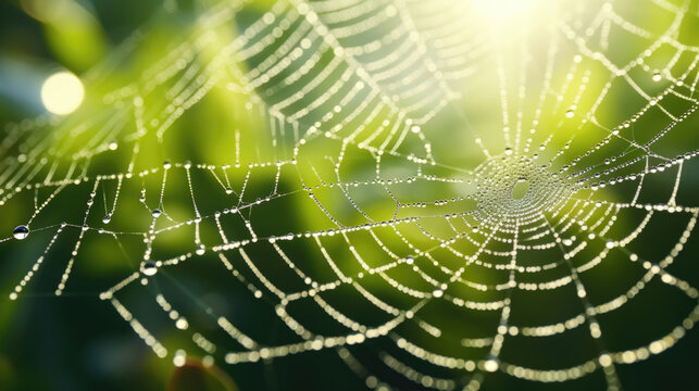 A cobweb glimmering with dew on a bright morning