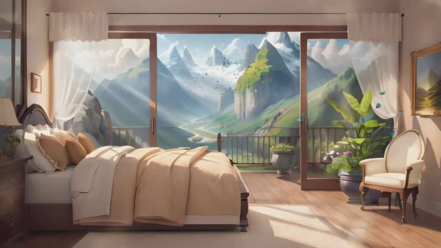 classic bedroom with bed and chair with nice view in the window. Cartoon or anime illustration style. seamless looping 4K time-lapse virtual video animation background.