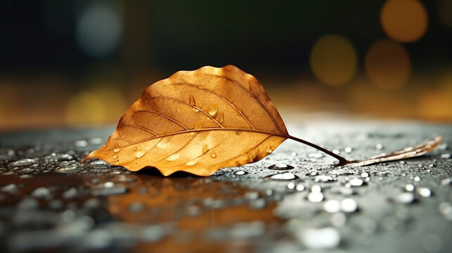 A single leaf, glistening with rain drops as it rests atop a pool of rain.