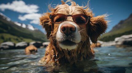 Funny fun dog in sunglasses enjoys summer in alps