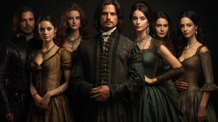 Fototapeta premium Group of young people in medieval clothes posing on dark background. Fashion shot.