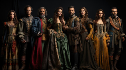 Actors people dressed in medieval clothes posing on a dark background.