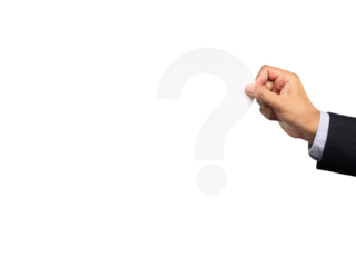 Hand holding a white question mark symbol against a transparent background.
