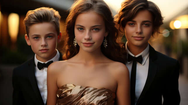 Portrait of handsome famous teenagers actors in elegant evening dresses at cinema award.
